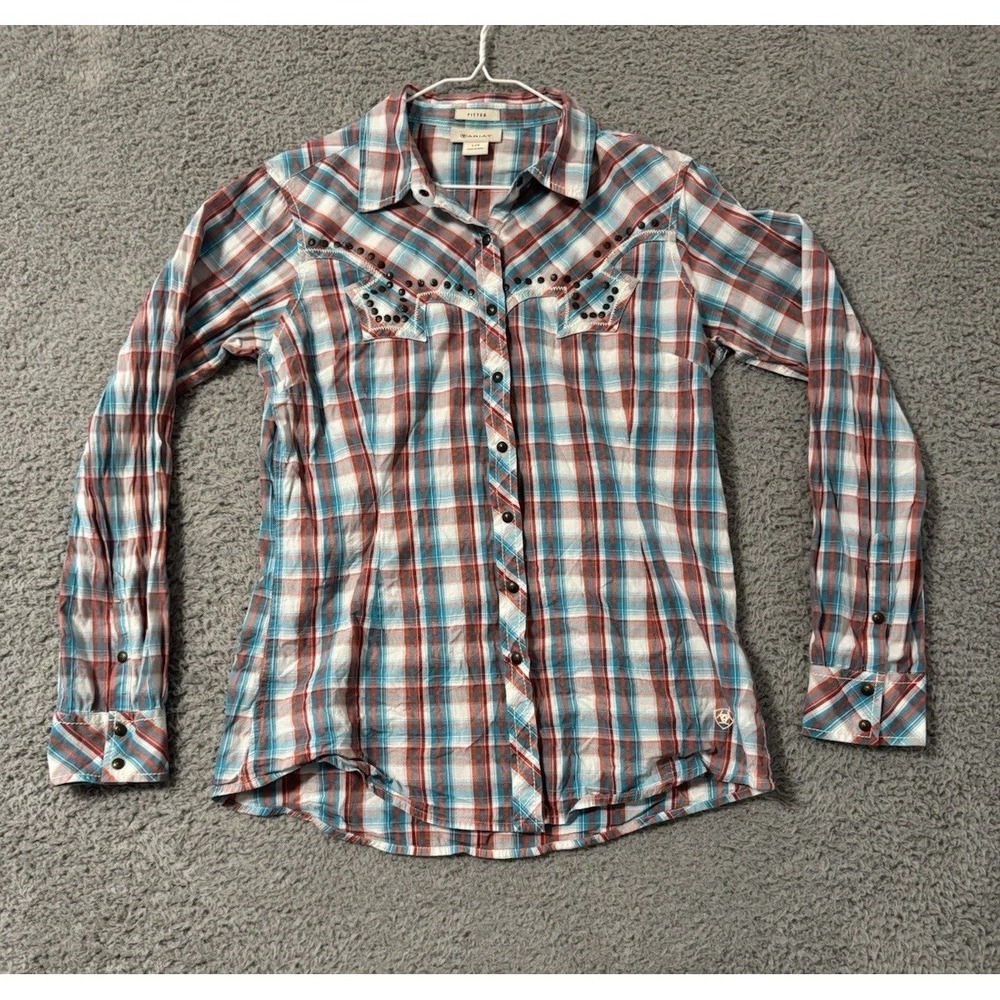 Ariat‎ Women Fitted Western Pearl Snap Shirt L Plaid Stitch Studded